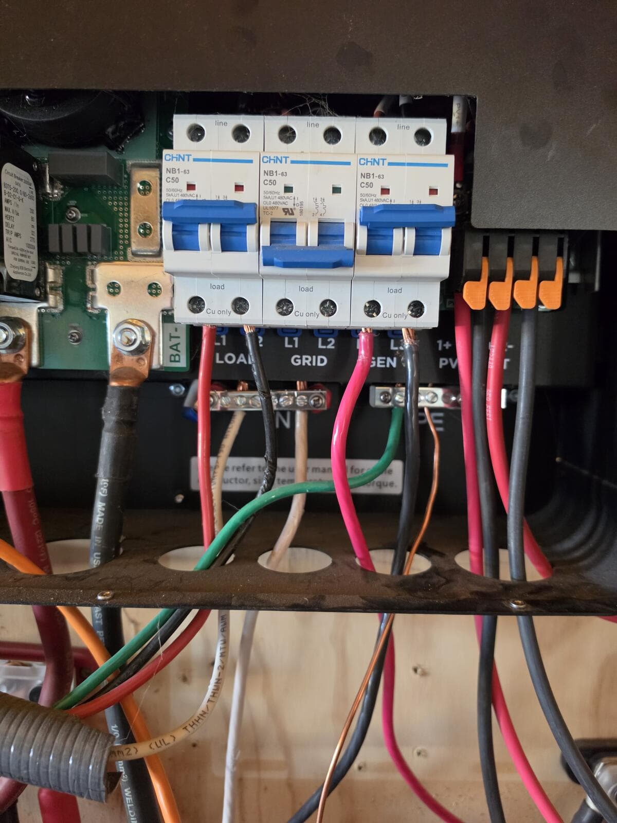 Inverter terminal block with three 50A breakers labeled LOAD, GRID and GEN