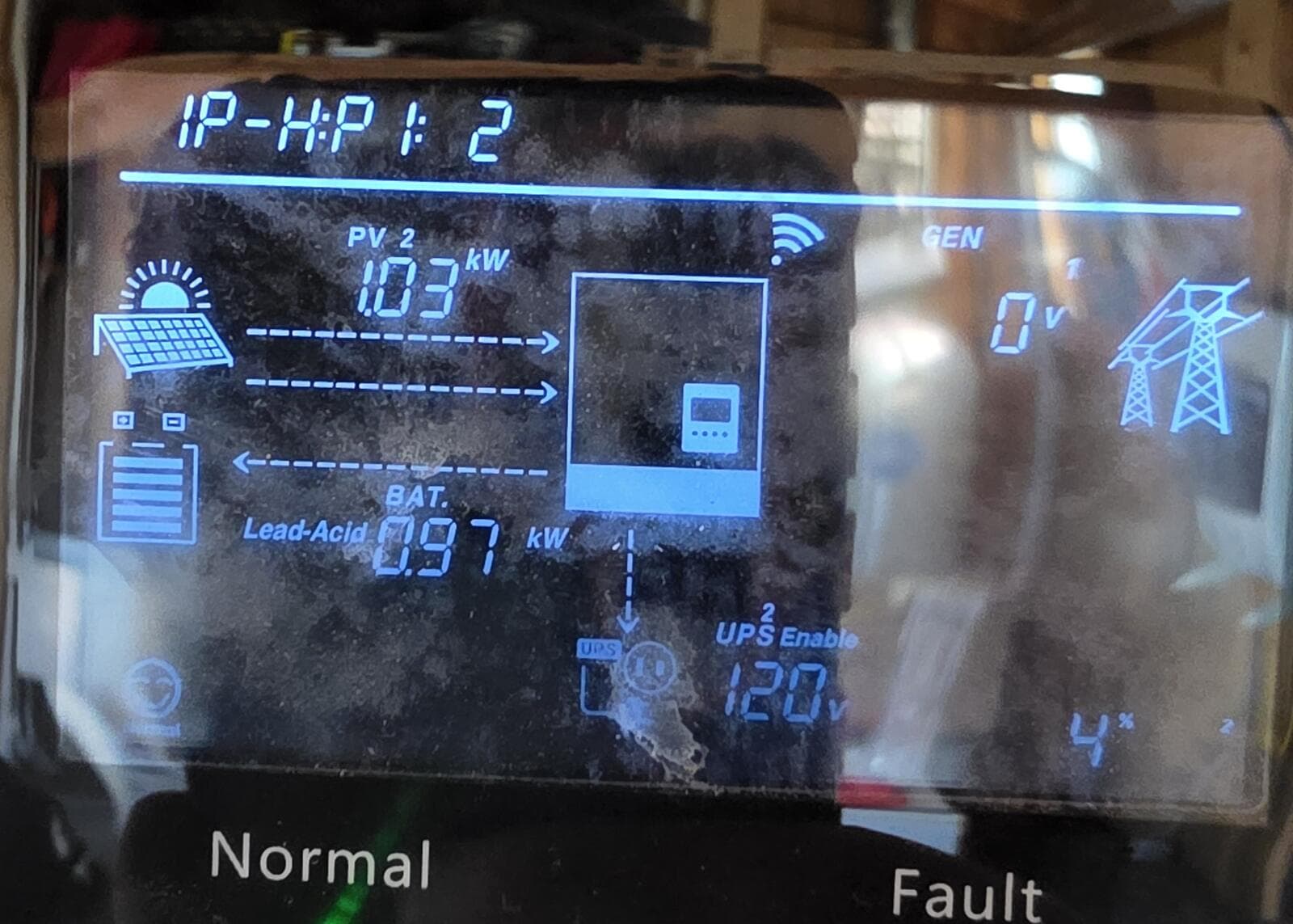 Inverter screen reading 1P-H:P1:2 with Normal status