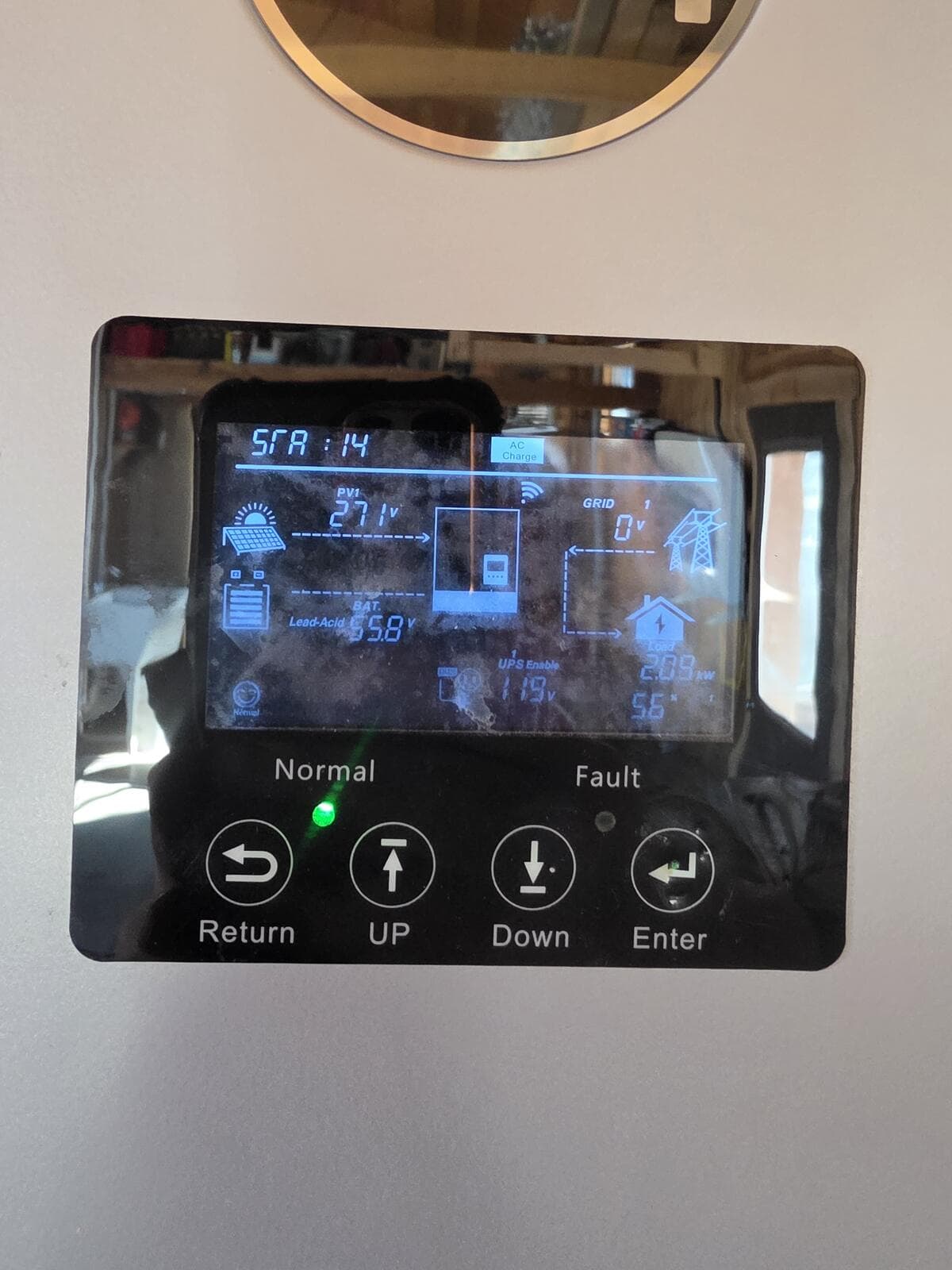 Inverter screen showing SrA:14, the AC Charge label, and a 55.8V battery