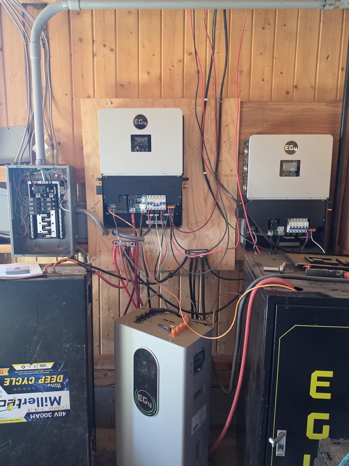 Solar shed wall with a breaker panel, two EG4 inverters on plywood, and battery cabinets below